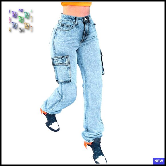 High Waisted Straight Leg Cargo Jeans Y2K Streetwear Distressed Denim Pants